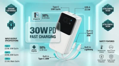 Technical infographic of Joyroom power bank highlighting 30W PD fast charging, 20000mAh capacity, and digital battery display.