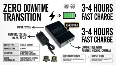Infographic detailing the fast 3-4 hour charging time and zero-downtime transition feature of the WGP 10400mAh Mini UPS.