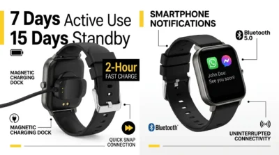 Infographic for Joyroom JR-FT1 Pro showcasing 7-day battery life, Bluetooth 5.0, and app notification features.