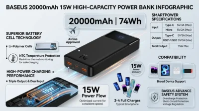 Infographic illustrating the Battery Performance and Efficiency of the Baseus 20000mAh power bank, featuring its airline-approved status and 15W charging speed.