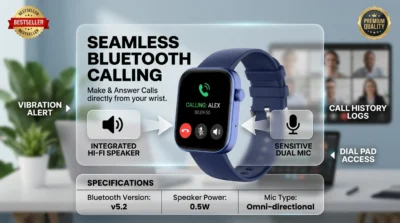 Infographic illustrating the Bluetooth calling and voice assistant features of the COLMI P71 smartwatch.
