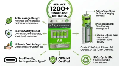 Sustainability infographic for Smartoools RB40 batteries, highlighting the 1200-cycle recharge life and internal safety features that prevent leakage and overcharging.