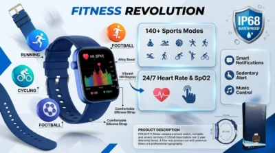 Infographic detailing the health sensors and 140+ sports modes of the COLMI P71 smartwatch.