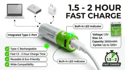 Infographic demonstrating the integrated USB-C charging port of the Smartoools AA battery, showing its 2-hour fast charging capability with common USB-C devices.
