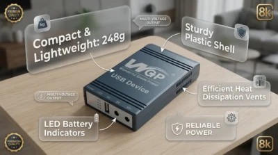 Infographic showing the durable plastic build, heat dissipation features, and LED indicators of the WGP Mini UPS designed for home use.