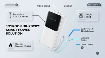 Joyroom JR-PBC07 20000mAh power bank infographic showing compact design, fireproof materials, and built-in dual cables.