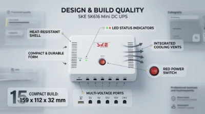 Product layout of SKE SK616 highlighting heat-resistant shell, cooling vents, and compact dimensions.