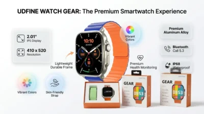 E-commerce infographic showcasing the 2.01-inch IPS display and durable design of the Udfine Watch Gear.
