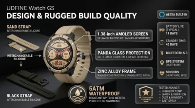 Infographic showing UDFINE Watch GS in Desert Yellow with Panda Glass protection and dual straps, highlighting its 5ATM waterproof rating and rugged build.