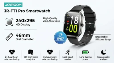 Joyroom JR-FT1 Pro infographic highlighting its zinc alloy build, 1.69-inch IPS screen, and IP67 waterproof rating.