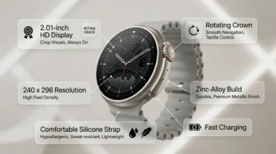 Infographic showing the GT9 smartwatch design, highlighting the 2.01-inch HD screen, zinc-alloy case, and rotating crown navigation button.