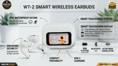 Detailed view of the WT-2 earbuds illustrating the IPX5 waterproof rating and ergonomic design.