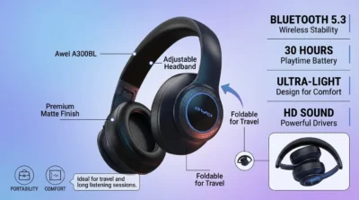Infographic showing the design of Awei A300BL headphones, highlighting the matte finish, adjustable headband, and foldable design with clean text labels.