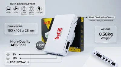 SKE 432P design infographic showing heat dissipation vents, dimensions, and ABS plastic build quality.