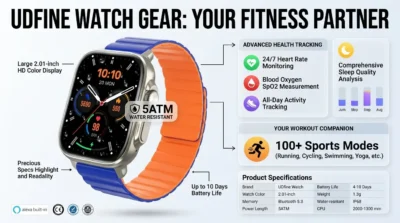 Fitness-themed infographic showing the 100+ sports modes and 5ATM water resistance of the Udfine Watch Gear.