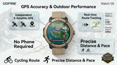 Infographic of UDFINE Watch GS highlighting its independent 5-satellite GPS system for accurate outdoor tracking without a smartphone.