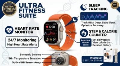 Infographic demonstrating the health and fitness tracking capabilities of the WiWU SW01 Ultra Max including heart rate and sleep monitoring.