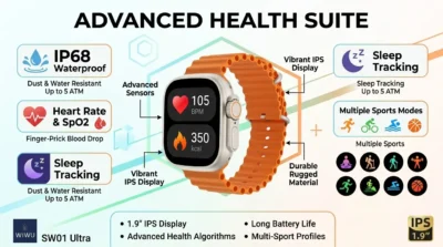 Infographic detailing health and fitness features of the WiWu SW01 Ultra including heart rate monitoring and IP68 rating.