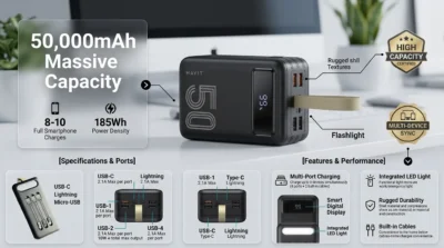 Infographic showing the Havit PB7 50000mAh power bank capacity with text highlighting 8 to 10 full smartphone charges.