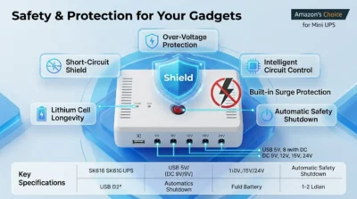 Safety infographic for SKE SK616 showing intelligent circuit protection and surge shield features.