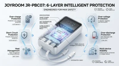 Safety feature infographic for Joyroom power bank showing internal protection chip and circuit safety protocols.