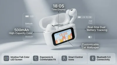WT-2 TWS earbuds charging case showing a detailed LED display with battery percentages and a custom wallpaper.