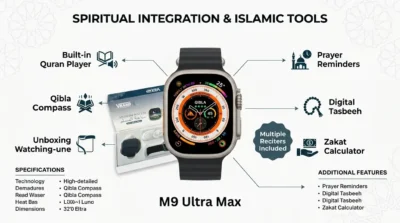 Infographic showing the Islamic features of the Muslim M9 Ultra Max smartwatch, including Qibla compass and Quran player icons.