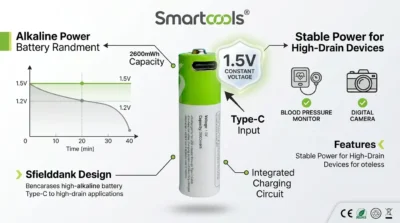 Infographic showing the 1.5V constant voltage of Smartoools RB40 rechargeable batteries compared to 1.2V NiMH batteries, highlighting compatibility with digital cameras and medical devices.