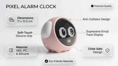 Infographic showing the Design and Build Quality of the Pixel Alarm Clock, highlighting its soft silicone material and compact 11 x 10.5 cm size.