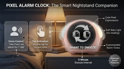 Infographic demonstrating the Smart Night Light and Snooze Function of the Pixel Alarm Clock with voice control and shake-to-snooze features.