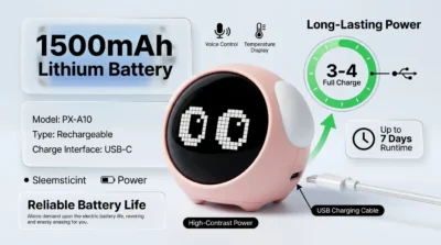Infographic detailing the Battery Performance and Charging of the Pixel Alarm Clock, featuring its 1500mAh battery and USB charging capability.
