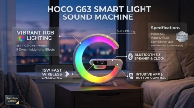Hoco G63 wireless charging station with a smartphone being charged on the 15W power pad.