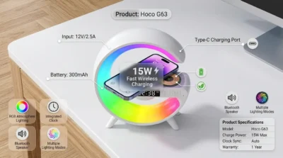 Rear view of Hoco G63 showing Bluetooth 5.2 connectivity and TF, AUX, and USB port locations.