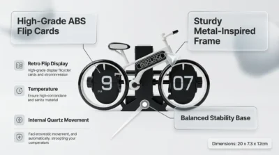 Infographic showing the build quality and retro aesthetic of the Midclock HY-F117 bicycle flip clock with metal frame and ABS cards.