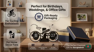 Lifestyle infographic of the Midclock HY-F117 bicycle clock as a gift on a desk with a premium gift box.