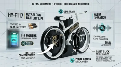 Technical infographic of the Midclock HY-F117 highlighting its silent quartz movement and 4-6 month battery life.