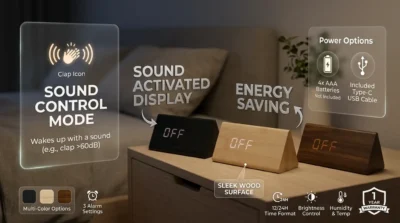 Infographic showing the sound control and energy-saving features of the Triangle Wooden LED Clock, including sound activation and dual power options.