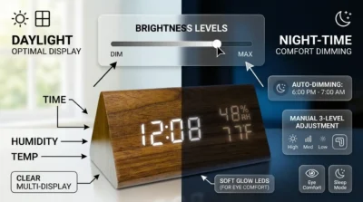 Comparison infographic of the Triangle Wooden LED Clock displaying adjustable brightness and the automatic night-time dimming feature.