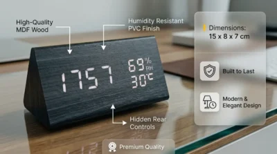 Product specification infographic highlighting the MDF wood build, humidity resistance, and compact triangular dimensions of the digital clock.