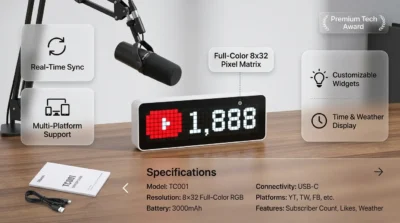 Infographic showing the Ulanzi TC001 pixel clock displaying a real-time YouTube subscriber count on a creator's desk.