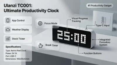 Product infographic of the Ulanzi TC001 smart clock being used as a Pomodoro productivity timer with a 25-minute countdown.