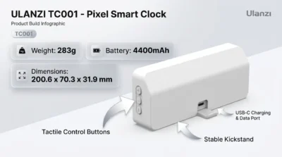 Technical infographic of the Ulanzi TC001 detailing its 283g weight, 4400mAh battery, dimensions, and USB Type-C charging port.