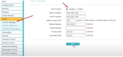 Disable DHCP settings