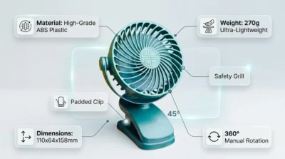 Infographic showing the P8 Clip Fan's build quality, highlighting its ABS plastic construction, 270g weight, and 360-degree rotation features with sleek glass UI elements.