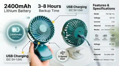 Battery performance infographic for the P8 Fan, detailing its 2400mAh capacity, 3-8 hour backup time, and 3-speed settings using modern UI callouts.