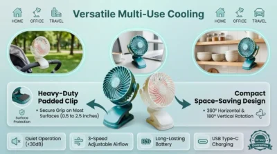 Infographic highlighting the versatile uses of the P8 Clip Fan in strollers, offices, and kitchens, featuring callout badges and lifestyle application icons.