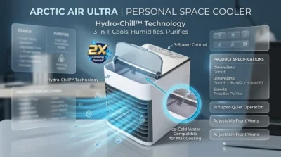 Infographic showing Arctic Air Ultra 3-in-1 cooler features including Hydro-Chill technology and 3-speed control in a workspace.