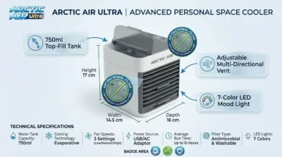 Product dimensions and design features infographic for the Arctic Air Ultra mini air cooler showing its 17cm height and 750ml tank.