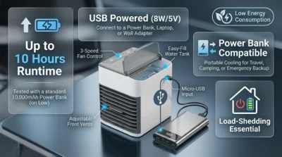 Infographic highlighting the 10-hour runtime and USB power compatibility of the Arctic Air Ultra mini cooler.