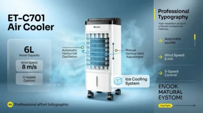 Infographic showing Extonic ET-C701 air cooler performance features including 6L tank, 8m/s wind speed, and ice cooling system for humid climates.